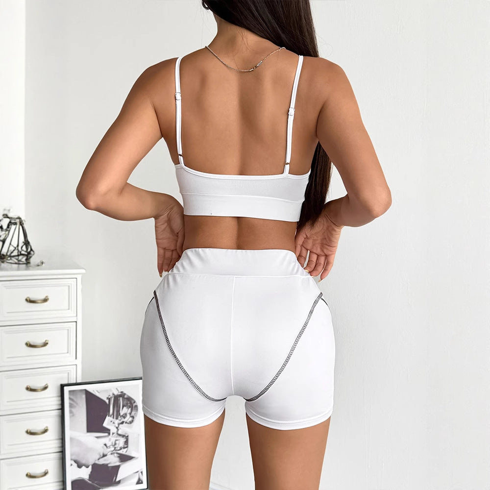Contrast Stitching Crop Top & Shorts Set with Spaghetti Straps