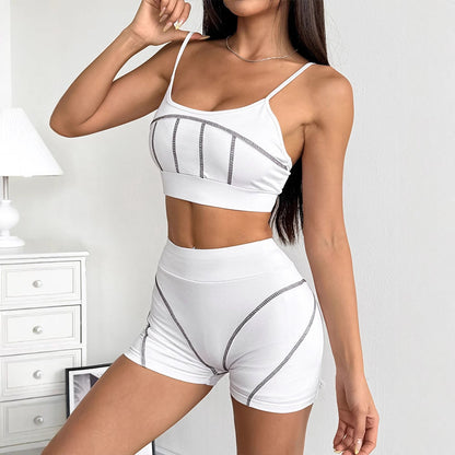 Contrast Stitching Crop Top & Shorts Set with Spaghetti Straps