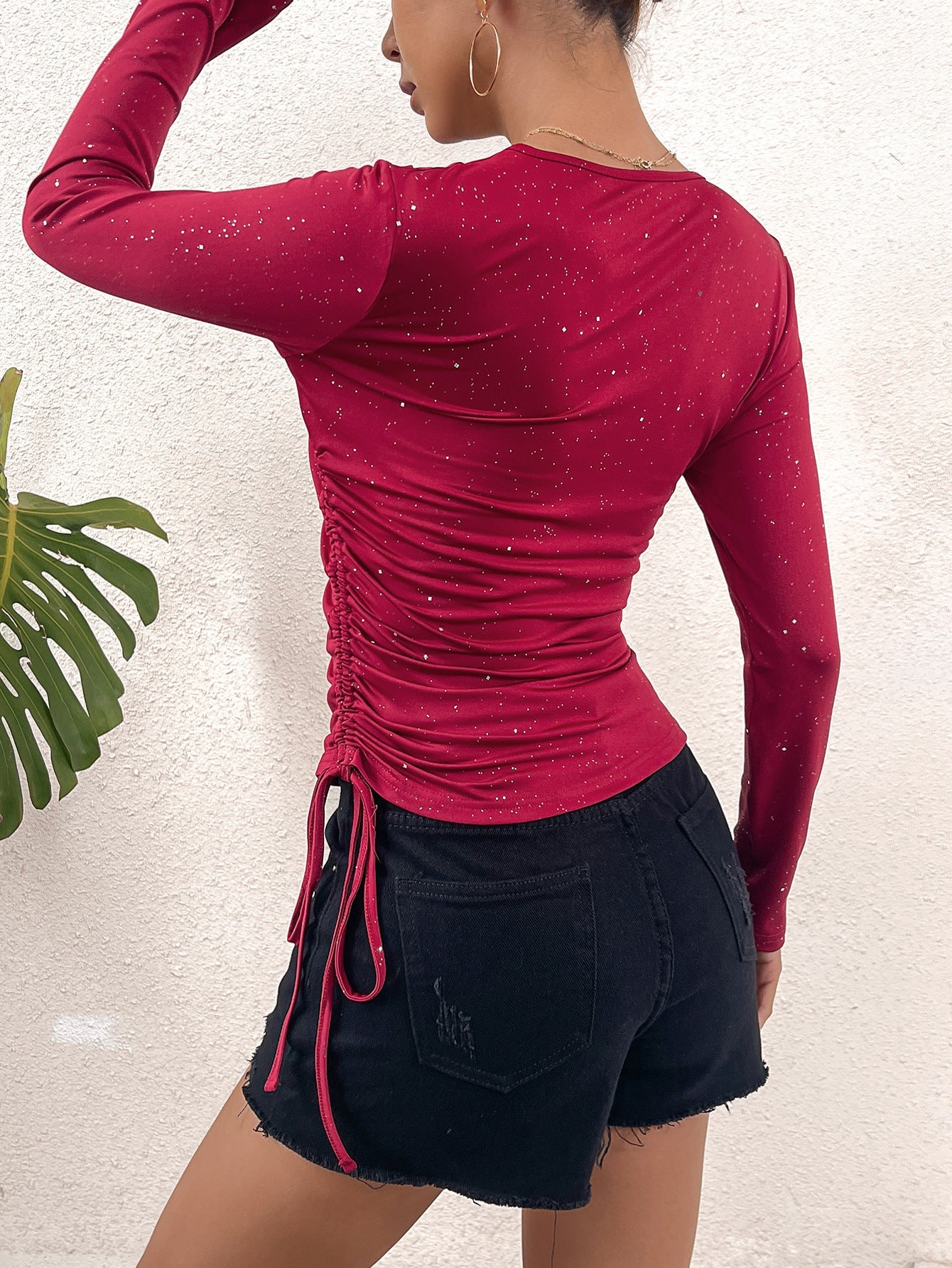 Slim Fit Sparkle Wrap Top with Side Drawstring