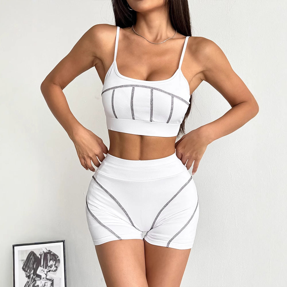 Contrast Stitching Crop Top & Shorts Set with Spaghetti Straps