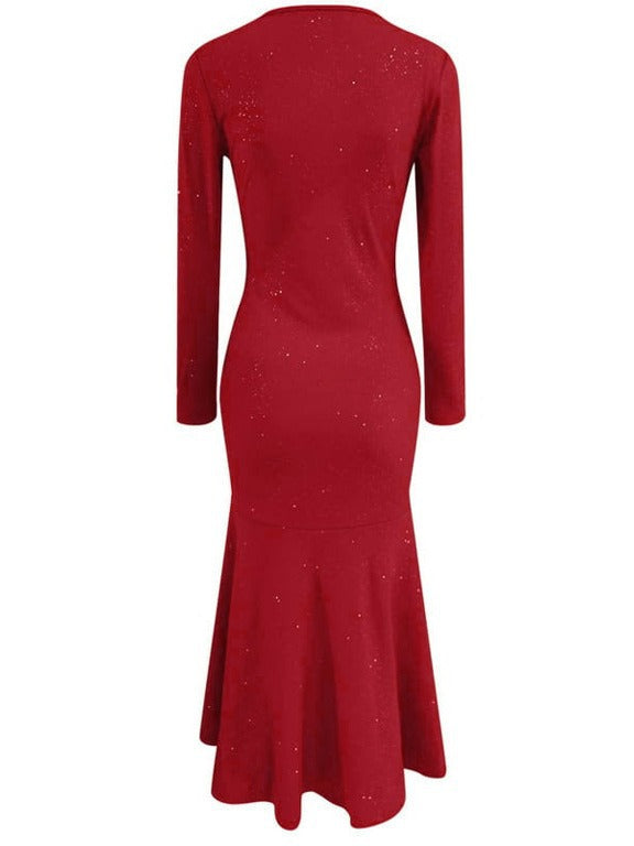 Bodycon Dress with V-Neck and Sequined High-Low Hem