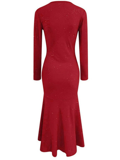 Bodycon Dress with V-Neck and Sequined High-Low Hem