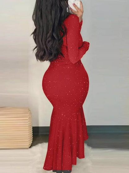 Bodycon Dress with V-Neck and Sequined High-Low Hem