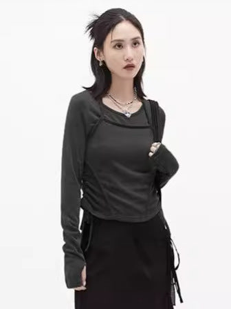 Solid Slim Fit Cropped Top with Square-Neck Overlay and Side Ruching