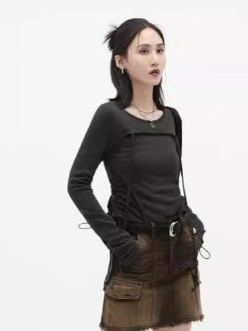 Solid Slim Fit Cropped Top with Square-Neck Overlay and Side Ruching