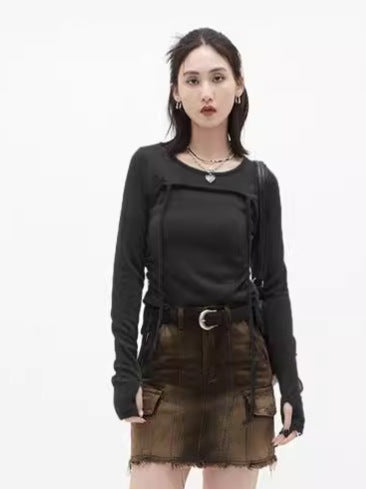 Solid Slim Fit Cropped Top with Square-Neck Overlay and Side Ruching