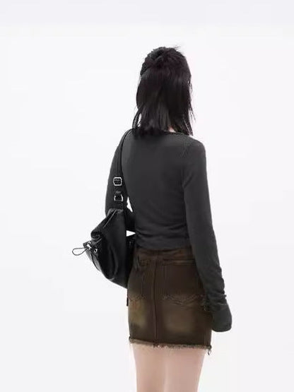 Solid Slim Fit Cropped Top with Square-Neck Overlay and Side Ruching
