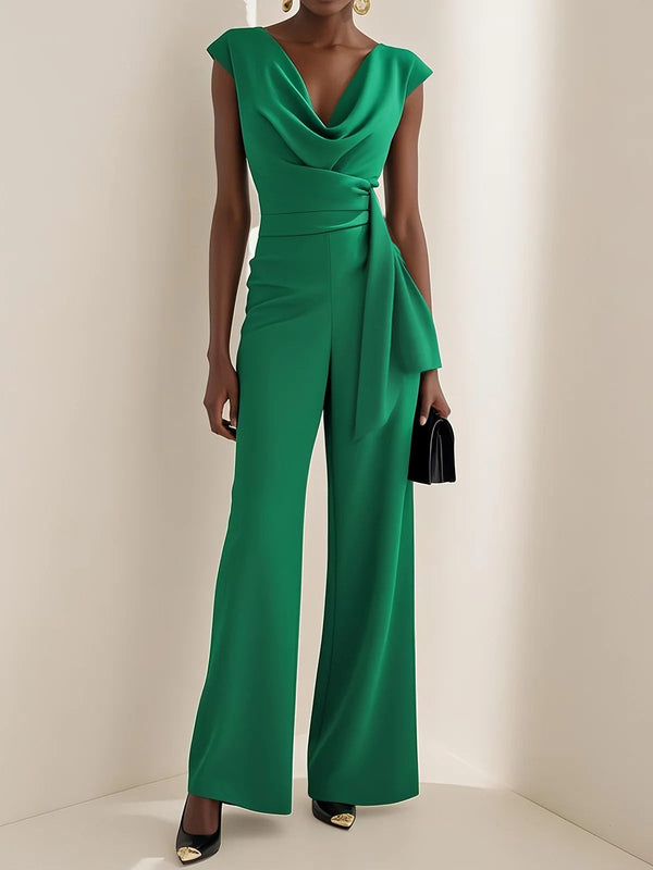 Wide-Leg Sleeveless Jumpsuit with Cowl Neck and Waist Tie