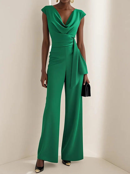 Wide-Leg Sleeveless Jumpsuit with Cowl Neck and Waist Tie