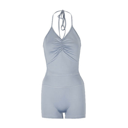 Solid Ruched Halter Top and High-Waist Shorts Set