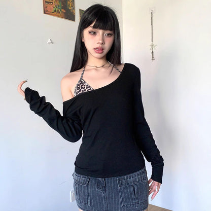 Leopard Print Two-Piece Set with Off-the-Shoulder Long Sleeve Top