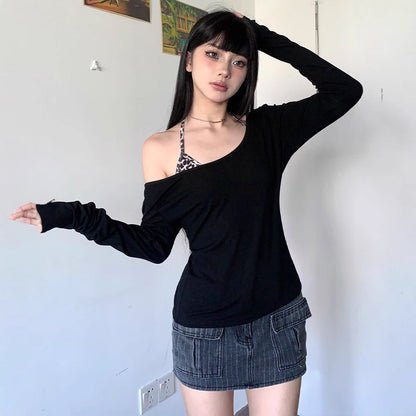 Leopard Print Two-Piece Set with Off-the-Shoulder Long Sleeve Top