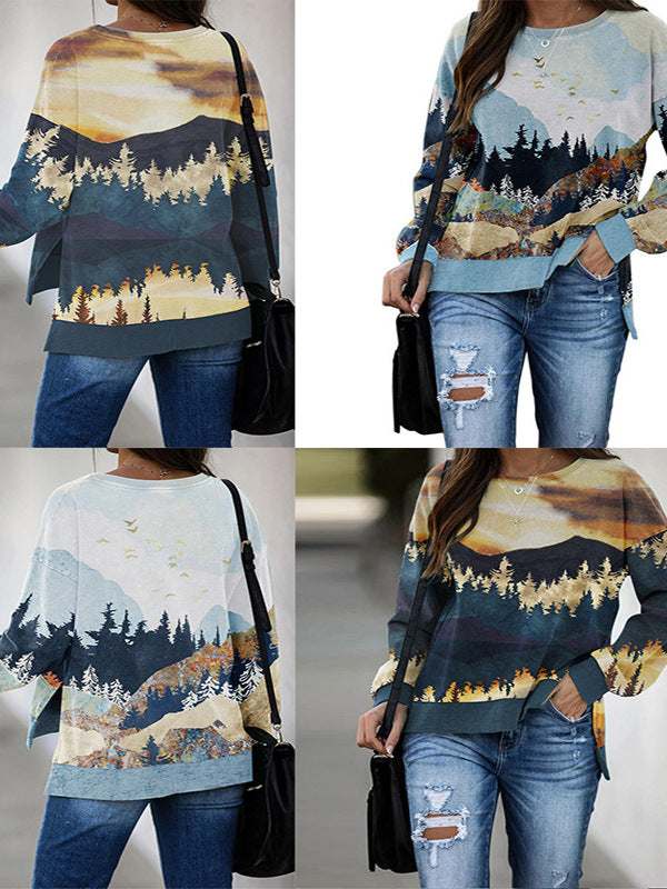 Mountain Landscape Print Pullover with Side Slits