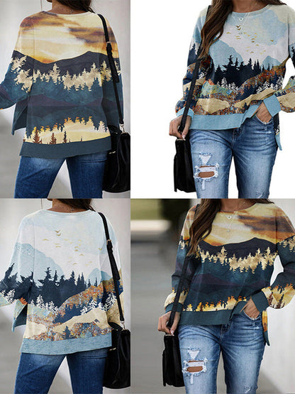 Mountain Landscape Print Pullover with Side Slits