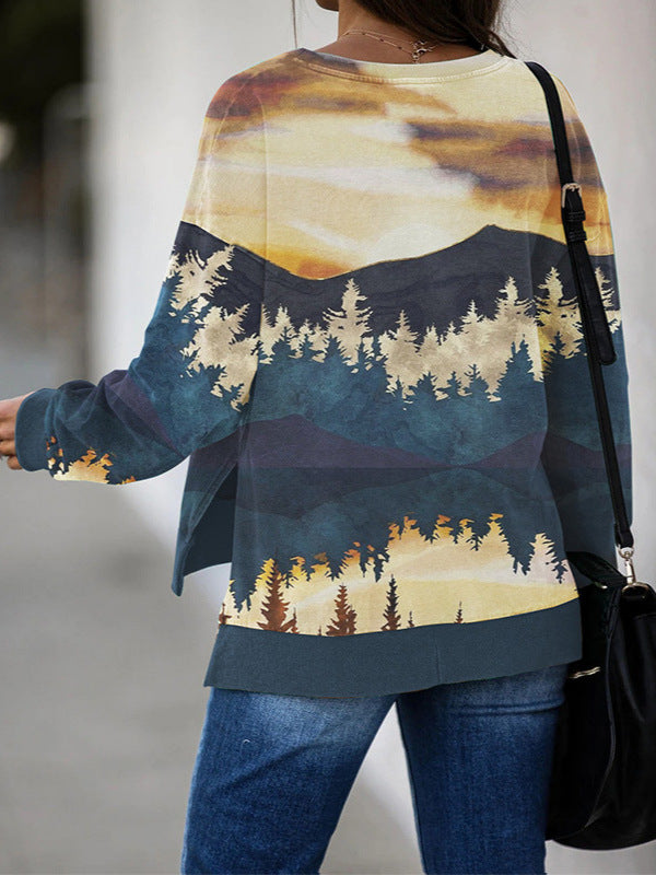 Mountain Landscape Print Pullover with Side Slits