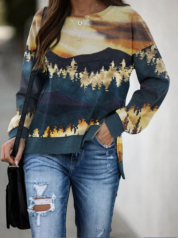 Mountain Landscape Print Pullover with Side Slits