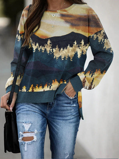 Mountain Landscape Print Pullover with Side Slits