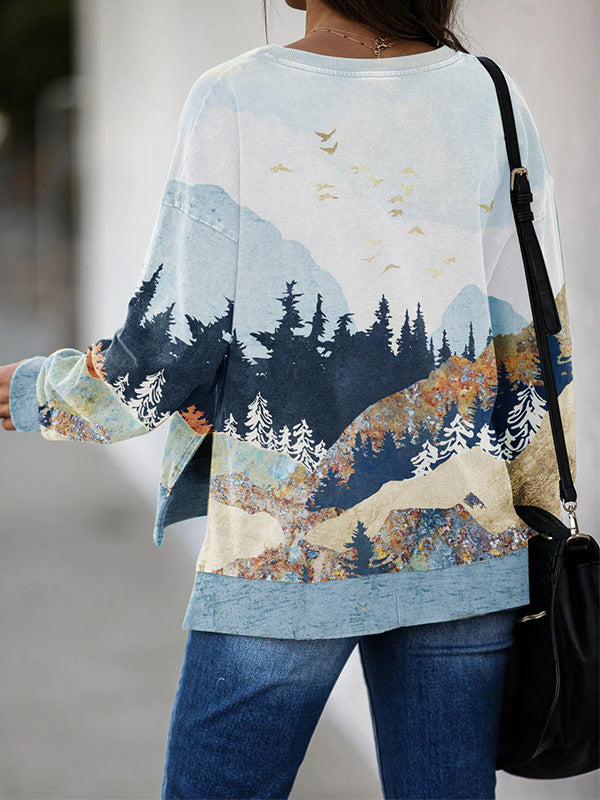 Mountain Landscape Print Pullover with Side Slits