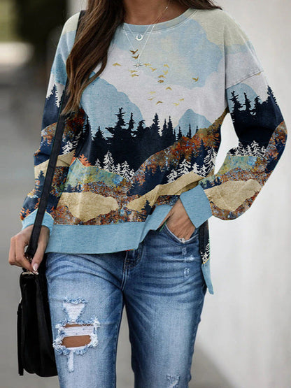 Mountain Landscape Print Pullover with Side Slits
