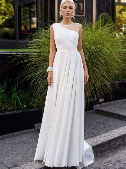 A-Line Chiffon Wedding Gown with Mesh Illusion Neckline