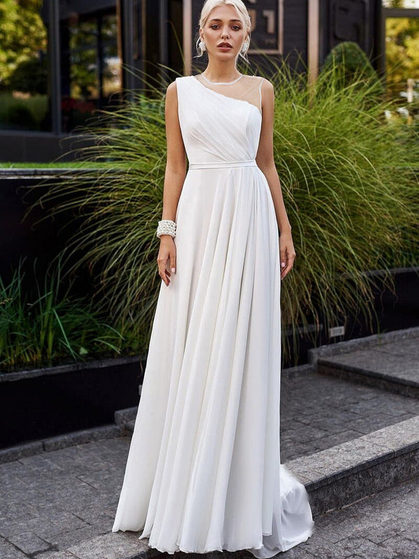 A-Line Chiffon Wedding Gown with Mesh Illusion Neckline