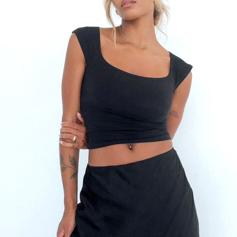 Slim Fit Square Neck Crop Top with Cap Sleeves