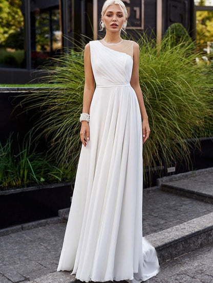 A-Line Chiffon Wedding Gown with Mesh Illusion Neckline
