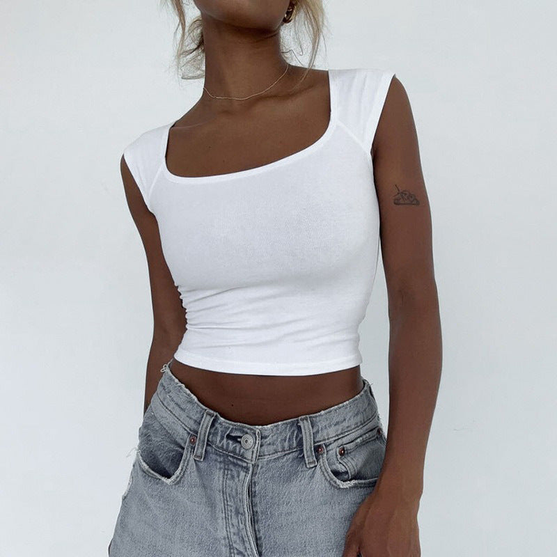 Slim Fit Square Neck Crop Top with Cap Sleeves