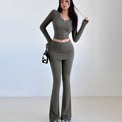 Solid Bodycon Two-Piece Set with Skirt Overlay and Flared Pants