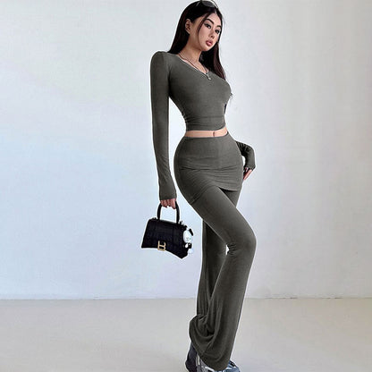 Solid Bodycon Two-Piece Set with Skirt Overlay and Flared Pants