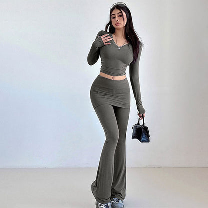 Solid Bodycon Two-Piece Set with Skirt Overlay and Flared Pants