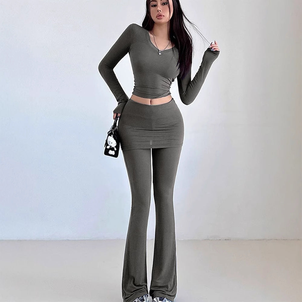 Solid Bodycon Two-Piece Set with Skirt Overlay and Flared Pants