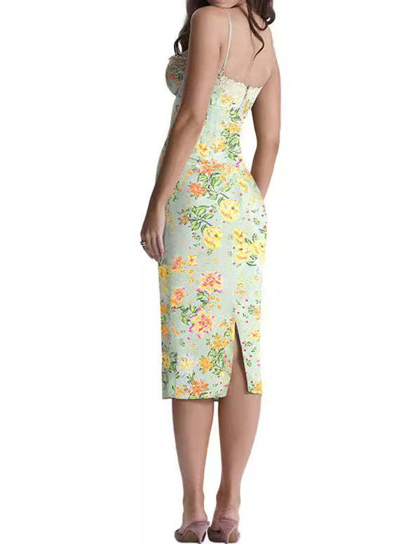 Floral Bodycon Midi Dress with Lace Trim and Spaghetti Straps