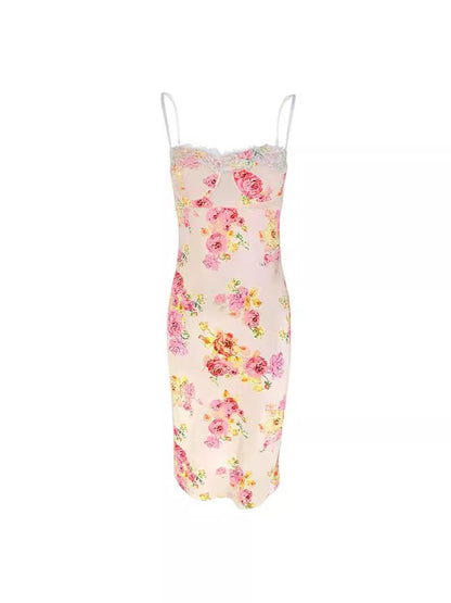 Floral Bodycon Midi Dress with Lace Trim and Spaghetti Straps