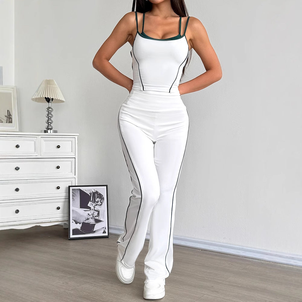 Contrast Trim Two-Piece Set with High-Waist Flared Pants