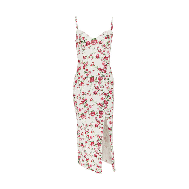Floral Bodycon Midi Dress with Lace Trim and Thigh Slit