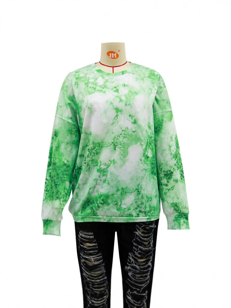 Loose Fit Tie-Dye Long Sleeve Pullover with Round Neck