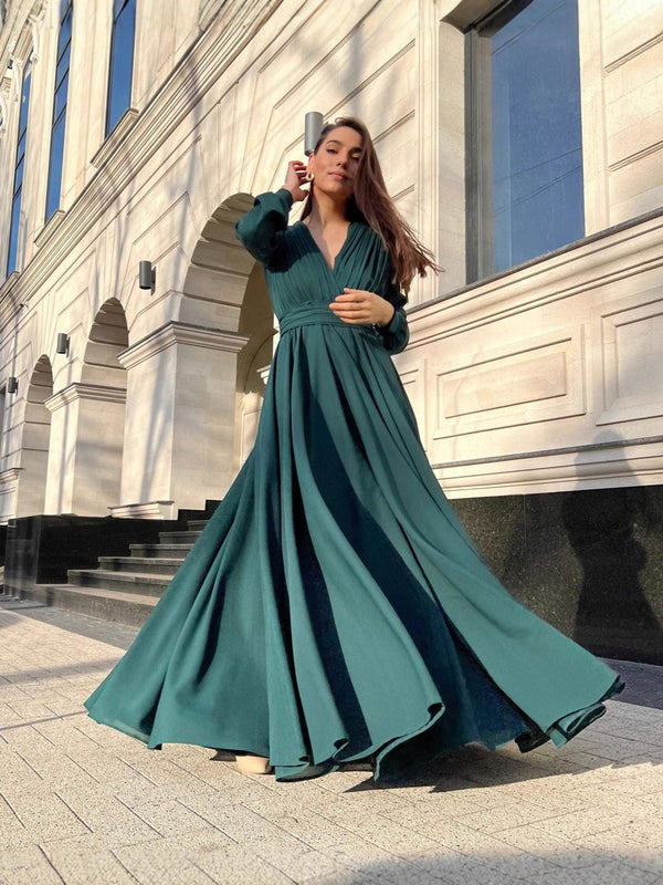 Pleated Chiffon Maxi Dress with Deep V-Neck and Long Sleeves