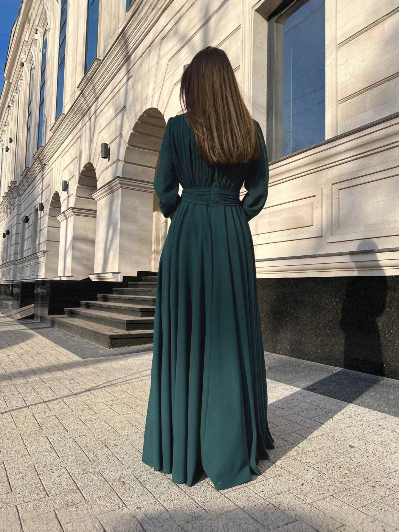 Pleated Chiffon Maxi Dress with Deep V-Neck and Long Sleeves