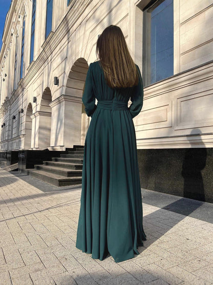 Pleated Chiffon Maxi Dress with Deep V-Neck and Long Sleeves