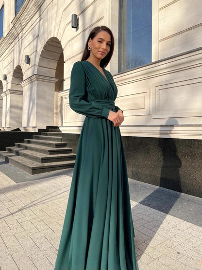 Pleated Chiffon Maxi Dress with Deep V-Neck and Long Sleeves