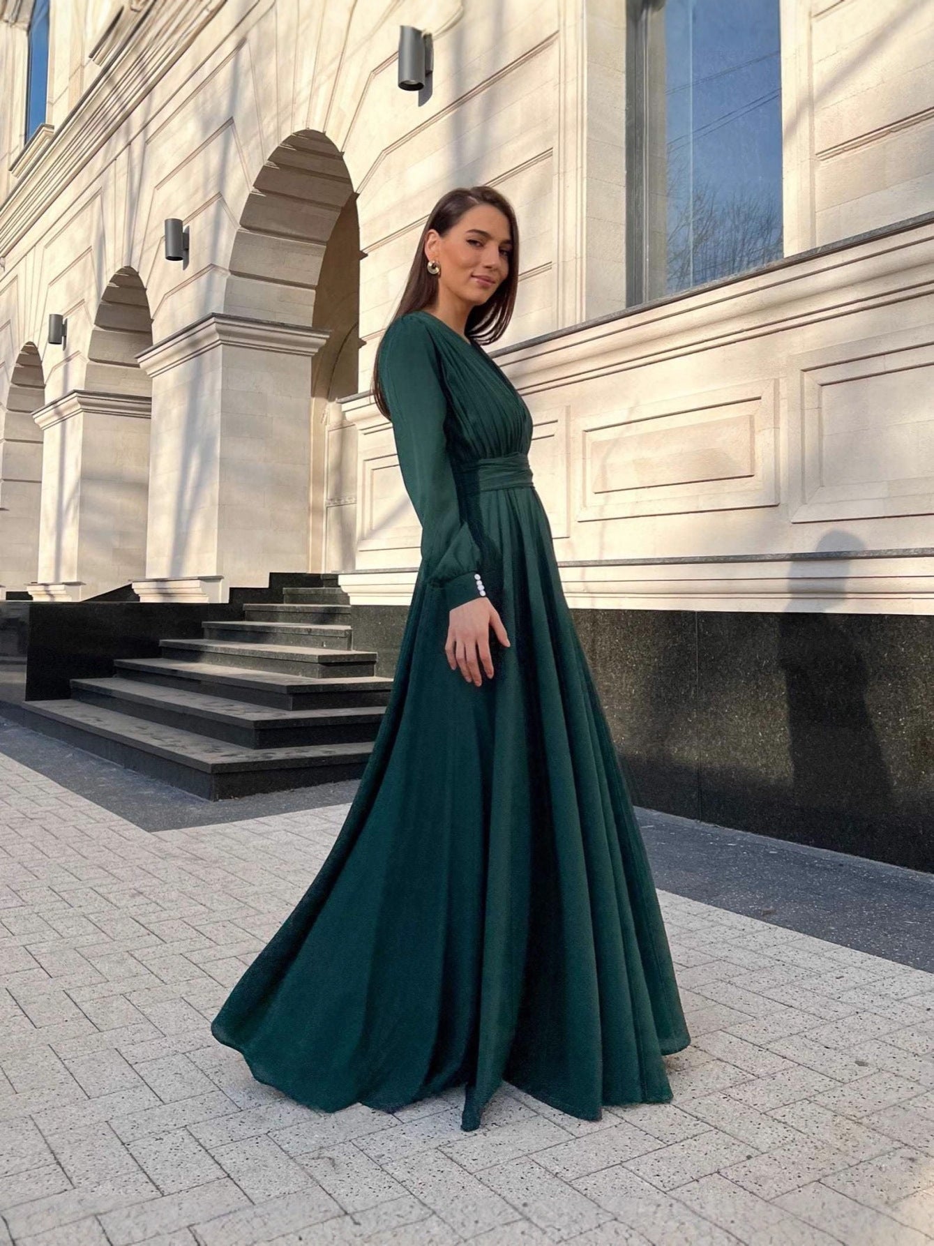 Pleated Chiffon Maxi Dress with Deep V-Neck and Long Sleeves