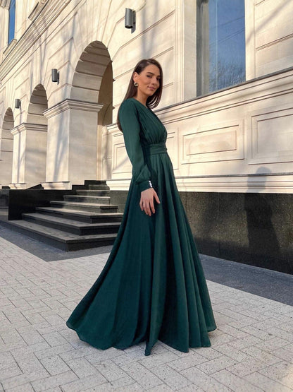Pleated Chiffon Maxi Dress with Deep V-Neck and Long Sleeves