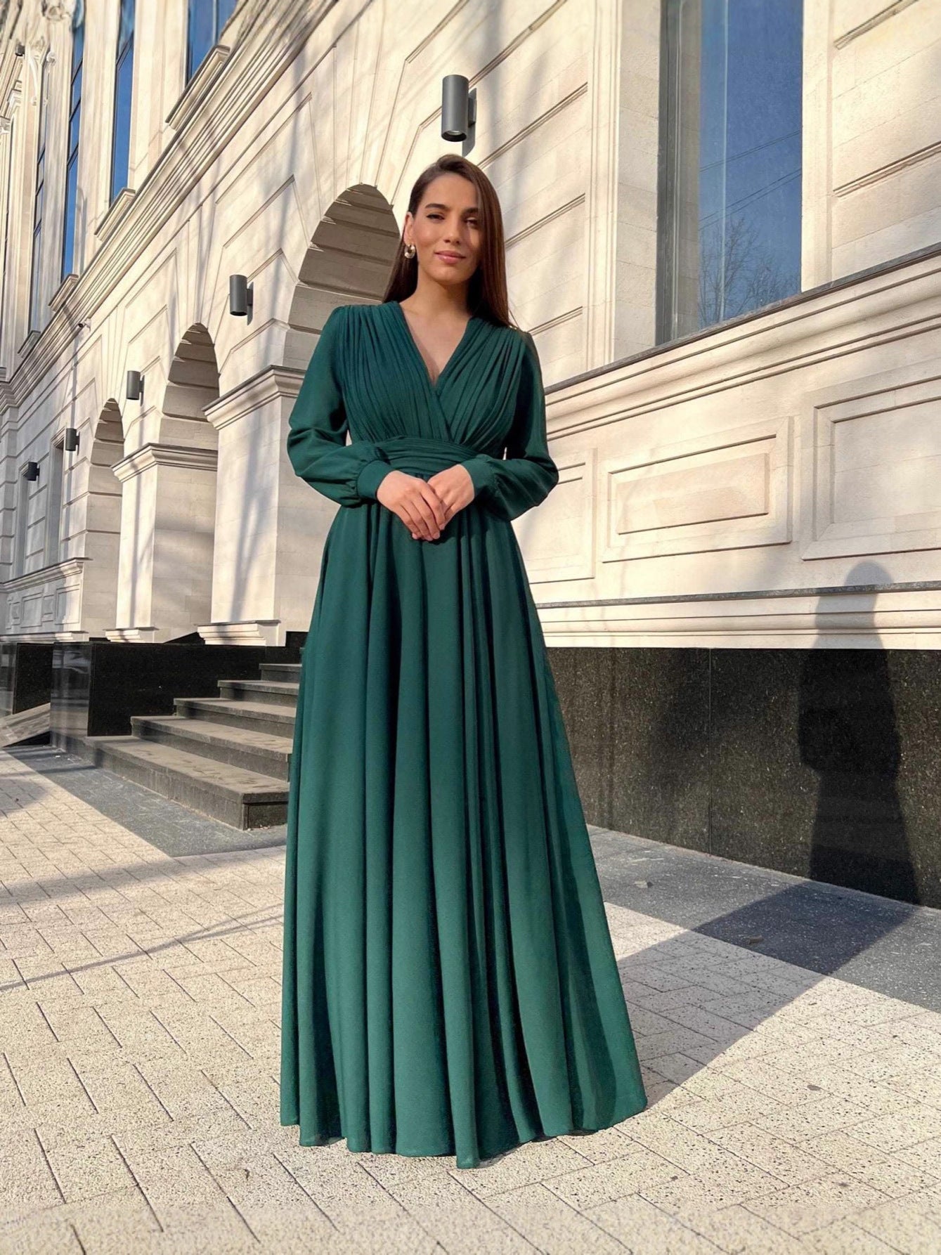Pleated Chiffon Maxi Dress with Deep V-Neck and Long Sleeves