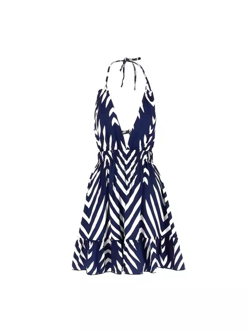 Geometric Print Halter Mini Dress with Deep V-Neck
