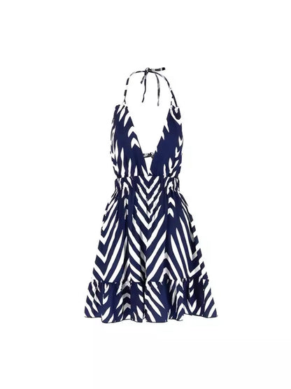 Geometric Print Halter Mini Dress with Deep V-Neck