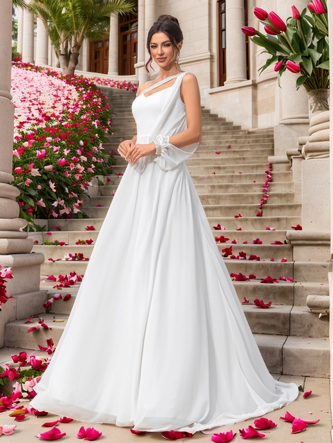 One-Shoulder A-Line Maxi Dress with Single Lantern Sleeve