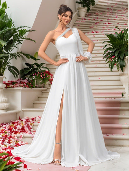 One-Shoulder A-Line Maxi Dress with Single Lantern Sleeve