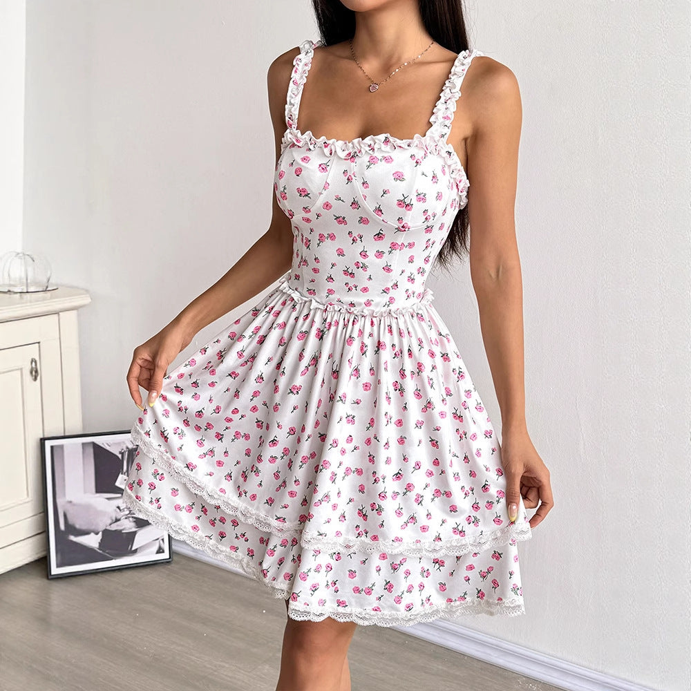 Floral A-Line Mini Dress with Tiered Skirt and Lace Trim