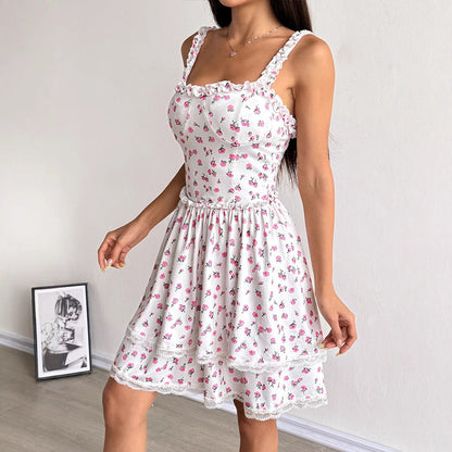Floral A-Line Mini Dress with Tiered Skirt and Lace Trim